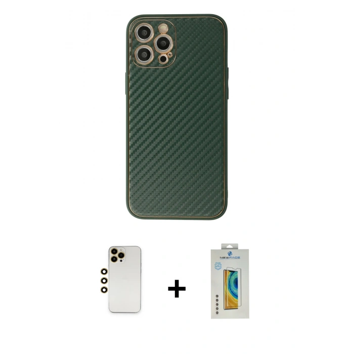 MARSİLYAN™- iPhone 12 Pro Max Kılıf Ahenk Işık - Siyah Polymer Nano Ekran Koruyucu + Gold Shine Kamera Lens