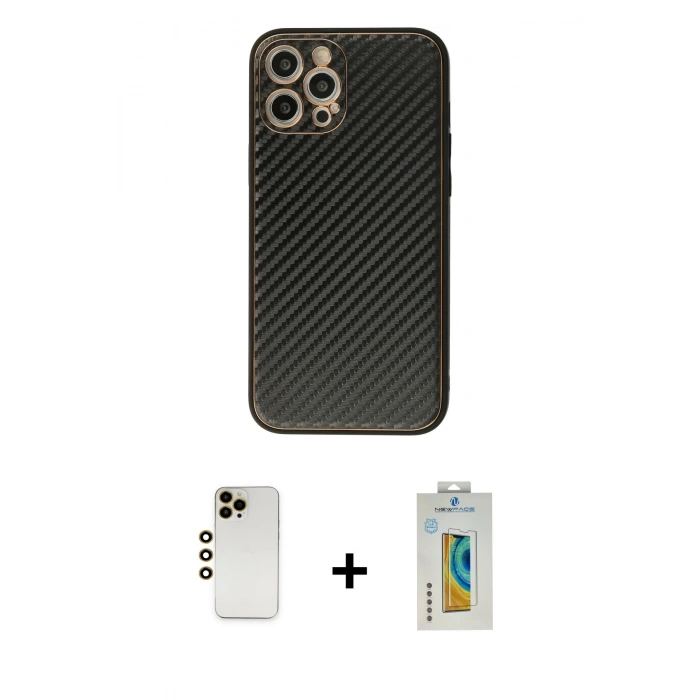 MARSİLYAN™- iPhone 12 Pro Max Kılıf Ahenk Işık - Siyah Polymer Nano Ekran Koruyucu + Gold Shine Kamera Lens