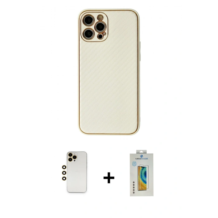 MARSİLYAN™- iPhone 12 Pro Max Kılıf Ahenk Işık - Siyah Polymer Nano Ekran Koruyucu + Gold Shine Kamera Lens