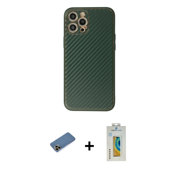 MARSİLYAN™- iPhone 12 Pro Max Kılıf Ahenk Işık - Siyah Polymer Nano Ekran Koruyucu + Shine Kamera Lens Koruma Cam - GD