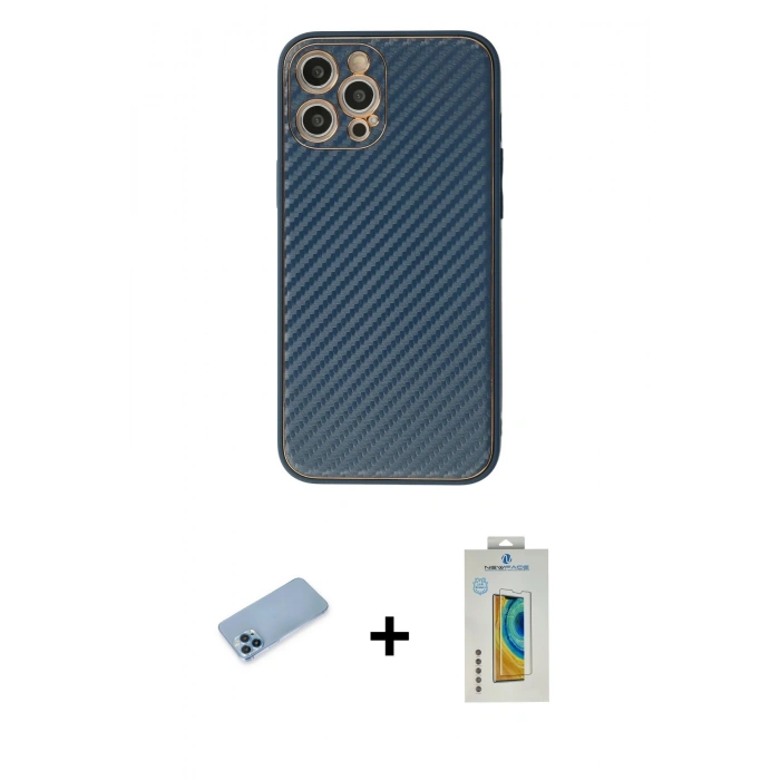 MARSİLYAN™- iPhone 12 Pro Max Kılıf Ahenk Işık - Siyah Polymer Nano Ekran Koruyucu + Shine Kamera Lens Koruma Cam - MI