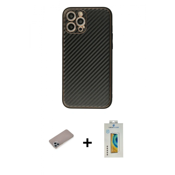 MARSİLYAN™- iPhone 12 Pro Max Kılıf Ahenk Işık - Siyah Polymer Nano Ekran Koruyucu + Shine Kamera Lens Koruma Cam - SABE