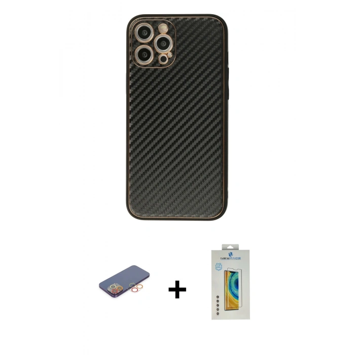 MARSİLYAN™- iPhone 12 Pro Max Kılıf Ahenk Işık - Siyah Polymer Nano Ekran Koruyucu + Renkli Kamera Lens Koruma Cam - TU