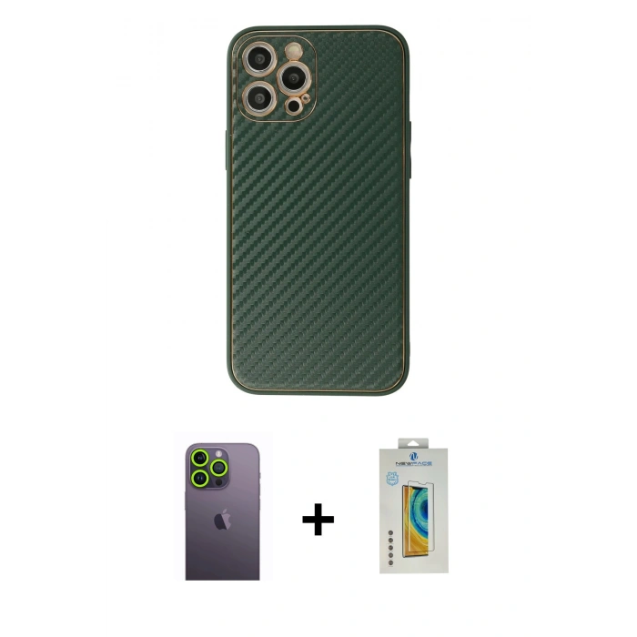 MARSİLYAN™- iPhone 12 Pro Max Kılıf Ahenk Işık - Siyah Polymer Nano Ekran Koruyucu + Neon Fosforlu Kamera Lens - YL