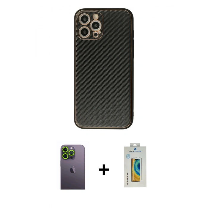 MARSİLYAN™- iPhone 12 Pro Max Kılıf Ahenk Işık - Siyah Polymer Nano Ekran Koruyucu + Neon Fosforlu Kamera Lens - YL