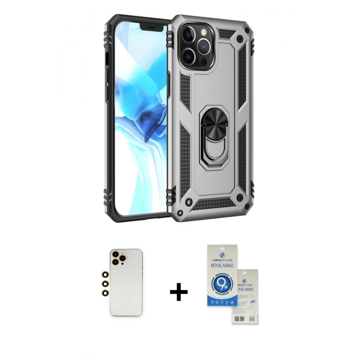 MARSİLYAN™- iPhone 12 Pro Max Kılıf Ahenk Klasik Koleksiyonu - Şeffaf Royal Nano Ekran Koruyucu + Shine Kamera Lens - GD