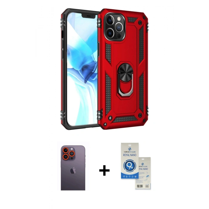 MARSİLYAN™- iPhone 12 Pro Max Kılıf Ahenk Klasik Koleksiyonu - Şeffaf Royal Nano Ekran Koruyucu + Neon Fosforlu Kamera Lens - TU