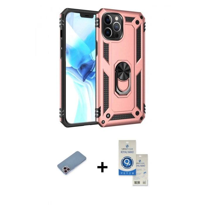 MARSİLYAN™- iPhone 12 Pro Max Kılıf Ahenk Klasik Koleksiyonu - Şeffaf Royal Nano Ekran Koruyucu + Shine Kamera Lens Koruma Cam - PE