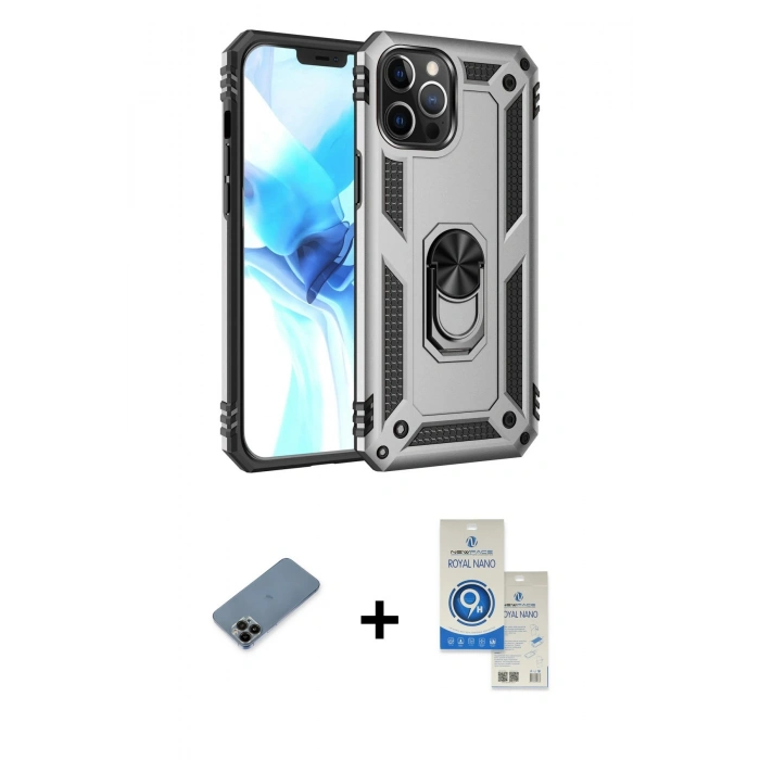MARSİLYAN™- iPhone 12 Pro Max Kılıf Ahenk Klasik Koleksiyonu - Şeffaf Royal Nano Ekran Koruyucu + Shine Kamera Lens Koruma Cam - SH