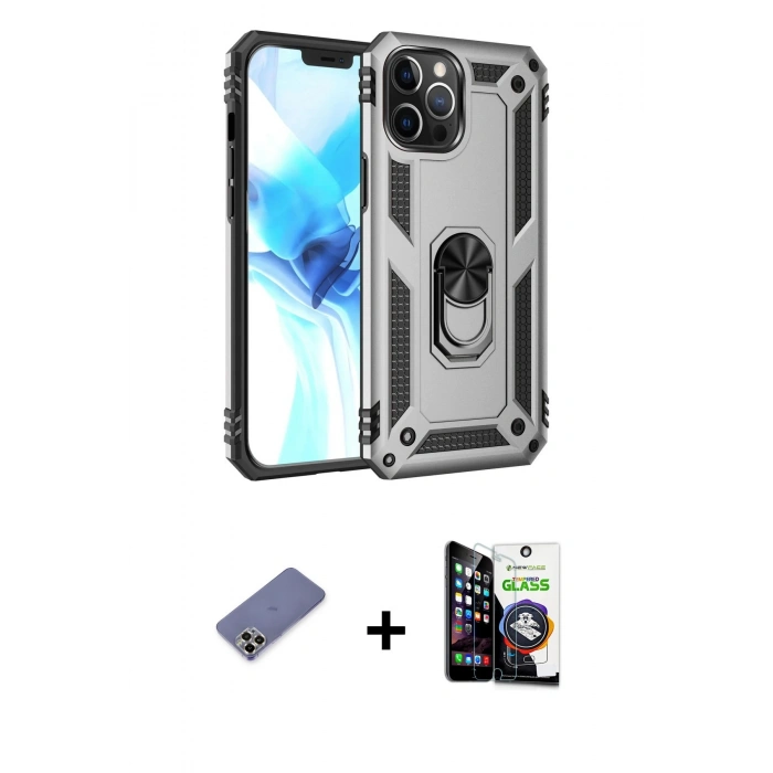 MARSİLYAN™- iPhone 12 Pro Max Kılıf Ahenk Klasik Koleksiyonu - Şeffaf Temperli Cam Ekran Koruyucu + Metal Kamera Lens Koruma Cam - GD