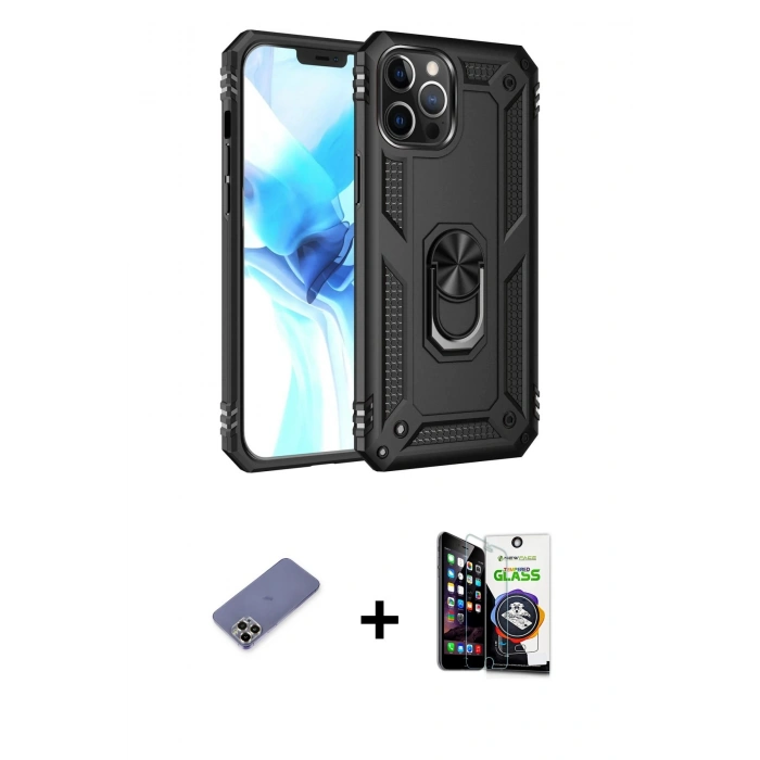 MARSİLYAN™- iPhone 12 Pro Max Kılıf Ahenk Klasik Koleksiyonu - Şeffaf Temperli Cam Ekran Koruyucu + Metal Kamera Lens Koruma Cam - GD