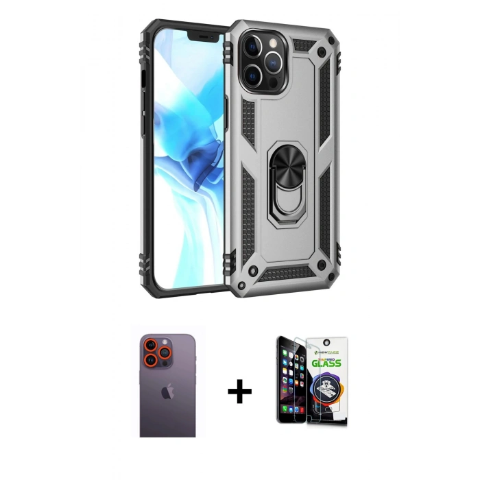 MARSİLYAN™- iPhone 12 Pro Max Kılıf Ahenk Klasik Koleksiyonu - Şeffaf Temperli Cam Ekran Koruyucu + Neon Fosforlu Kamera Lens - TU