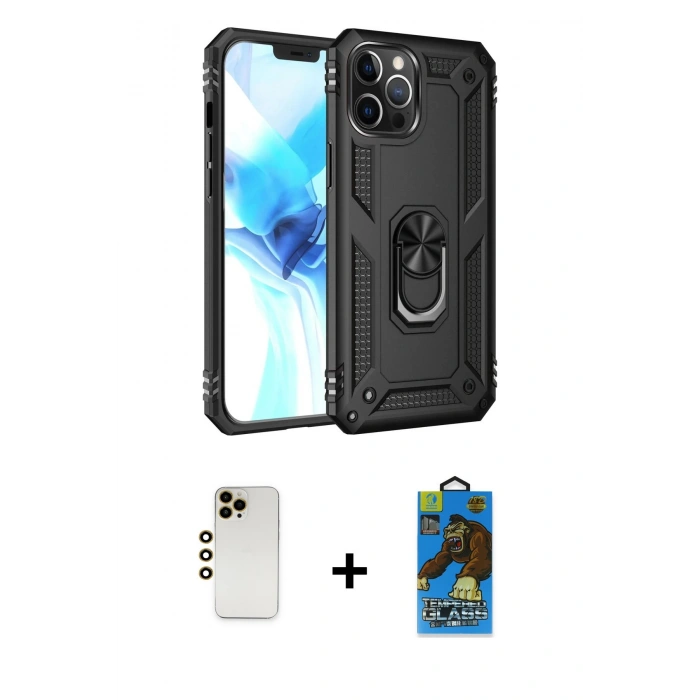 MARSİLYAN™- iPhone 12 Pro Max Kılıf Ahenk Klasik Koleksiyonu - Siyah 18D Cam Ekran Koruyucu + Gold Shine Kamera Lens