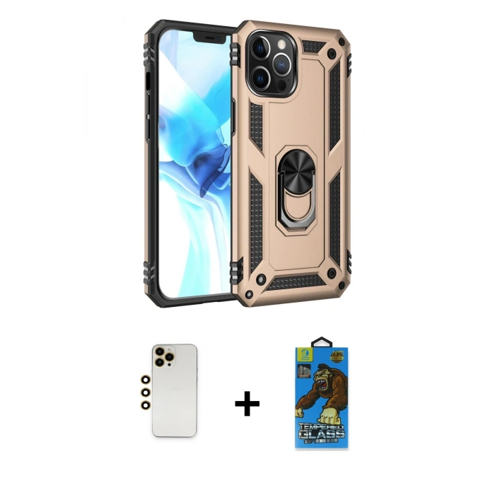 MARSİLYAN™- iPhone 12 Pro Max Kılıf Ahenk Klasik Koleksiyonu - Siyah 18D Cam Ekran Koruyucu + Gold Shine Kamera Lens