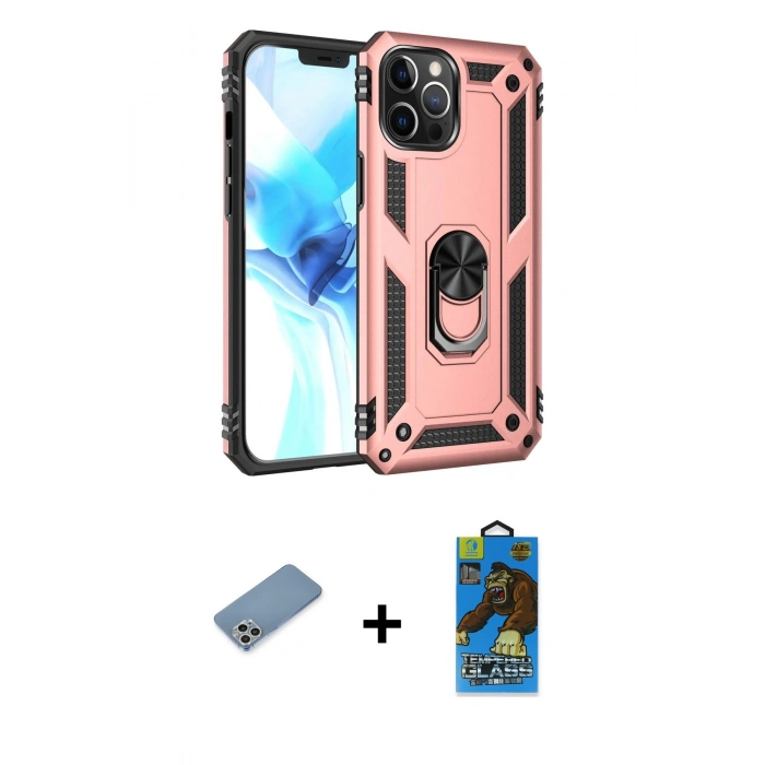 MARSİLYAN™- iPhone 12 Pro Max Kılıf Ahenk Klasik Koleksiyonu - Siyah 18D Cam Ekran Koruyucu + Shine Kamera Lens Koruma Cam - GS
