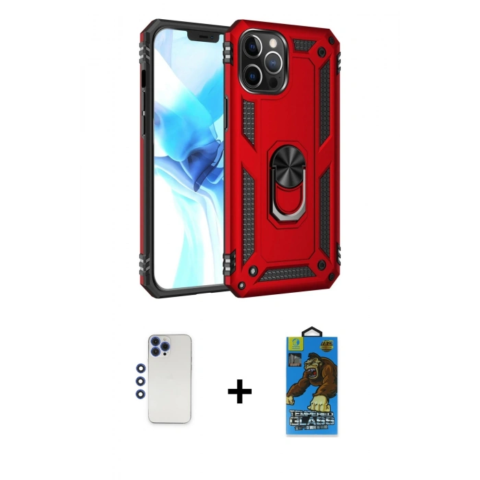 MARSİLYAN™- iPhone 12 Pro Max Kılıf Ahenk Klasik Koleksiyonu - Siyah 18D Cam Ekran Koruyucu + Lacivert Shine Kamera Lens