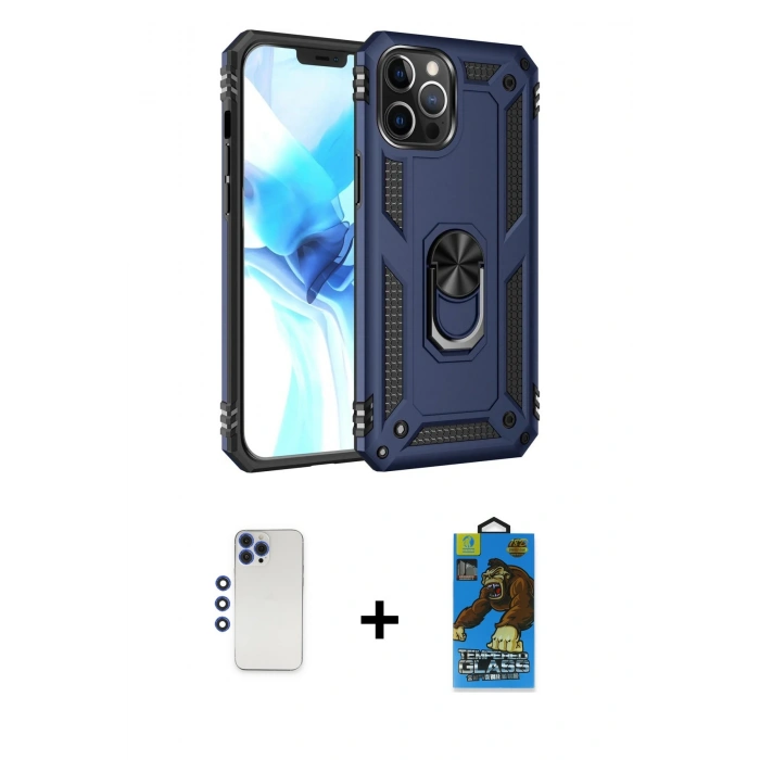 MARSİLYAN™- iPhone 12 Pro Max Kılıf Ahenk Klasik Koleksiyonu - Siyah 18D Cam Ekran Koruyucu + Lacivert Shine Kamera Lens