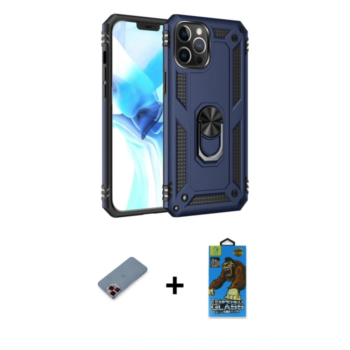 MARSİLYAN™- iPhone 12 Pro Max Kılıf Ahenk Klasik Koleksiyonu - Siyah 18D Cam Ekran Koruyucu + Metal Kamera Lens Koruma Cam - KI