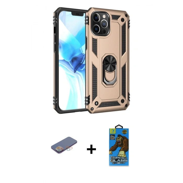 MARSİLYAN™- iPhone 12 Pro Max Kılıf Ahenk Klasik Koleksiyonu - Siyah 18D Cam Ekran Koruyucu + Renkli Kamera Lens Koruma Cam - PE