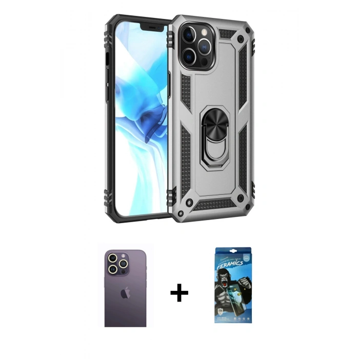 MARSİLYAN™- iPhone 12 Pro Max Kılıf Ahenk Klasik Koleksiyonu - Siyah 34D Izgaralı Cam + Neon Fosforlu Kamera Lens - BZ