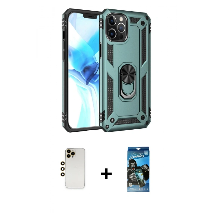 MARSİLYAN™- iPhone 12 Pro Max Kılıf Ahenk Klasik Koleksiyonu - Siyah 34D Izgaralı Cam + Gold Shine Kamera Lens