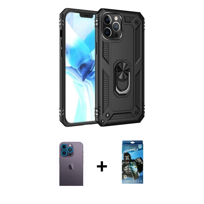 MARSİLYAN™- iPhone 12 Pro Max Kılıf Ahenk Klasik Koleksiyonu - Siyah 34D Izgaralı Cam + Neon Fosforlu Kamera Lens - MI