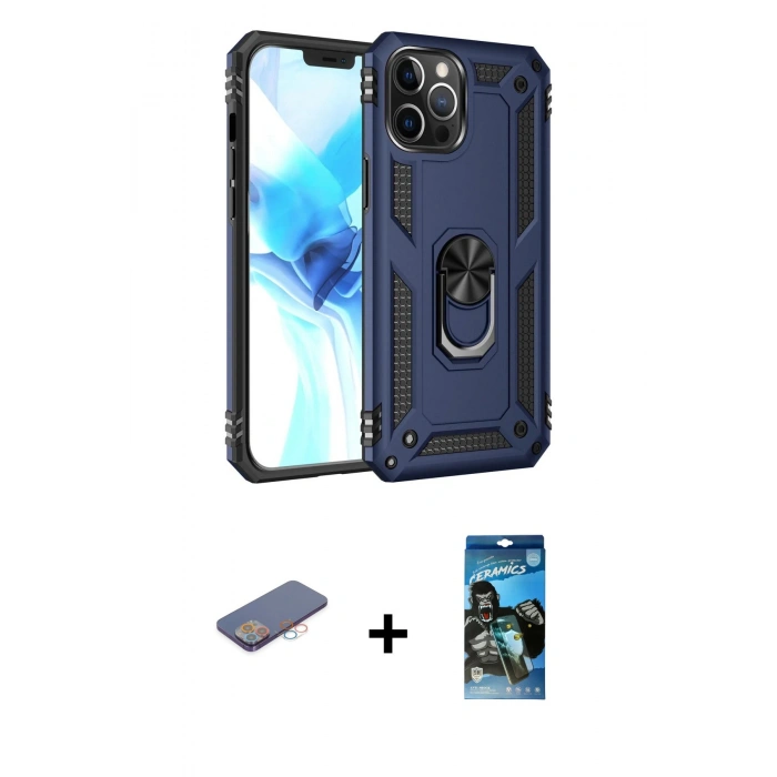 MARSİLYAN™- iPhone 12 Pro Max Kılıf Ahenk Klasik Koleksiyonu - Siyah 34D Izgaralı Cam + Renkli Kamera Lens Koruma Cam - PE