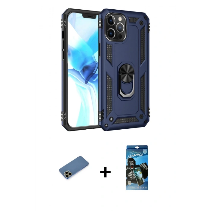 MARSİLYAN™- iPhone 12 Pro Max Kılıf Ahenk Klasik Koleksiyonu - Siyah 34D Izgaralı Cam + Shine Kamera Lens Koruma Cam - GD