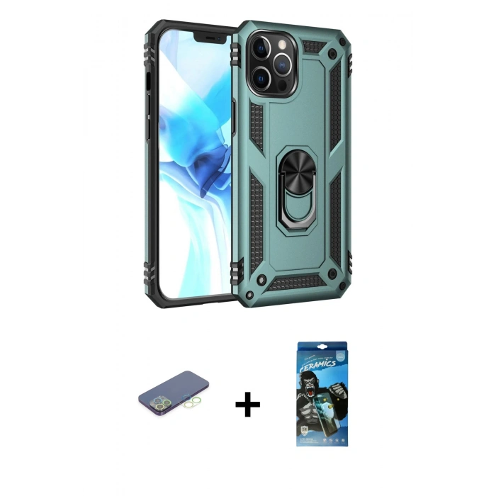 MARSİLYAN™- iPhone 12 Pro Max Kılıf Ahenk Klasik Koleksiyonu - Siyah 34D Izgaralı Cam + Renkli Kamera Lens Koruma Cam - YL