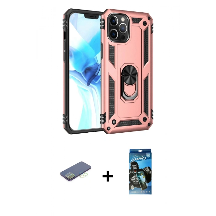 MARSİLYAN™- iPhone 12 Pro Max Kılıf Ahenk Klasik Koleksiyonu - Siyah 34D Izgaralı Cam + Renkli Kamera Lens Koruma Cam - YL