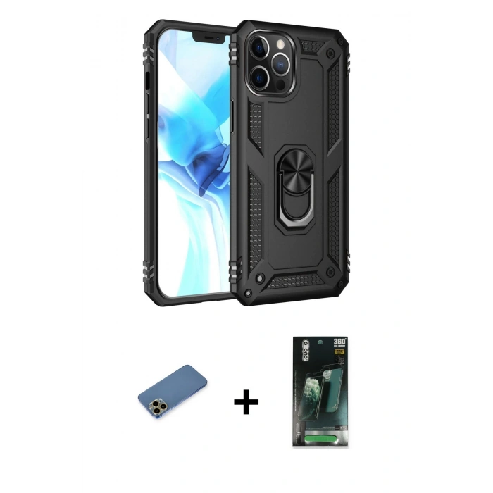 MARSİLYAN™- iPhone 12 Pro Max Kılıf Ahenk Klasik Koleksiyonu - Siyah 360 Mat Full Body Arka Koruyucu + Shine Kamera Lens Koruma Cam - GD