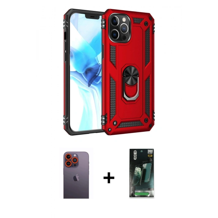 MARSİLYAN™- iPhone 12 Pro Max Kılıf Ahenk Klasik Koleksiyonu - Siyah 360 Mat Full Body Arka Koruyucu + Neon Fosforlu Kamera Lens - TU