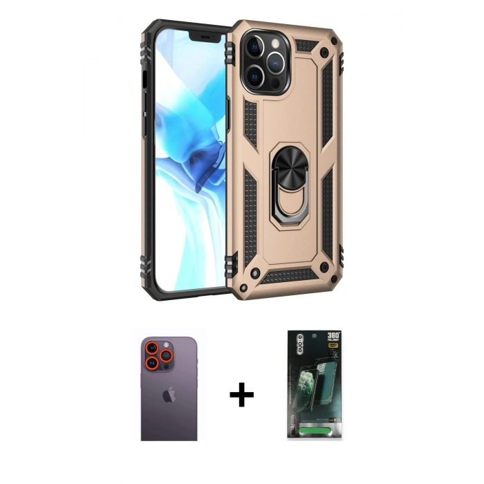 MARSİLYAN™- iPhone 12 Pro Max Kılıf Ahenk Klasik Koleksiyonu - Siyah 360 Mat Full Body Arka Koruyucu + Neon Fosforlu Kamera Lens - TU