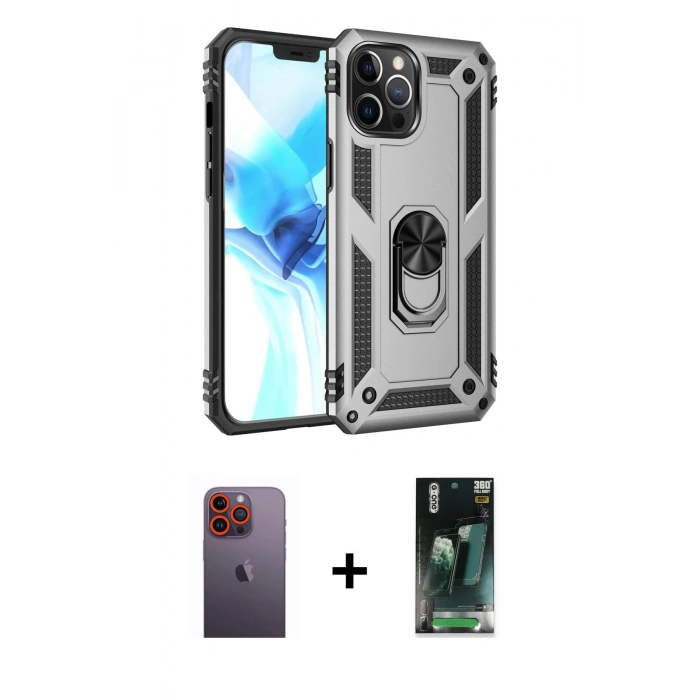 MARSİLYAN™- iPhone 12 Pro Max Kılıf Ahenk Klasik Koleksiyonu - Siyah 360 Mat Full Body Arka Koruyucu + Neon Fosforlu Kamera Lens - TU