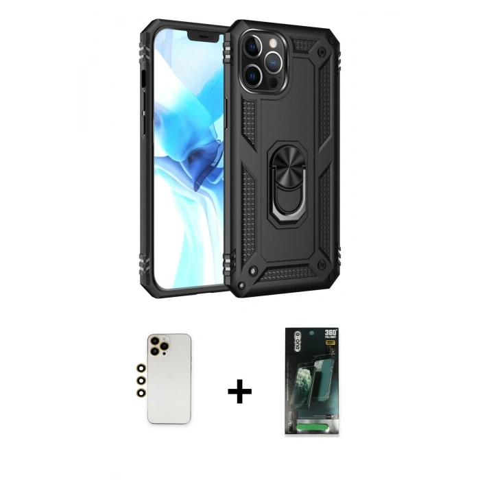 MARSİLYAN™- iPhone 12 Pro Max Kılıf Ahenk Klasik Koleksiyonu - Siyah 360 Mat Full Body Arka Koruyucu + Shine Kamera Lens - GD