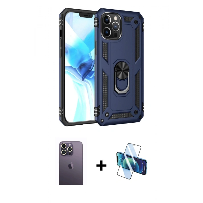 MARSİLYAN™- iPhone 12 Pro Max Kılıf Ahenk Klasik Koleksiyonu - Siyah 3D Antistatik Cam Ekran Koruyucu + Neon Fosforlu Kamera Lens - BZ