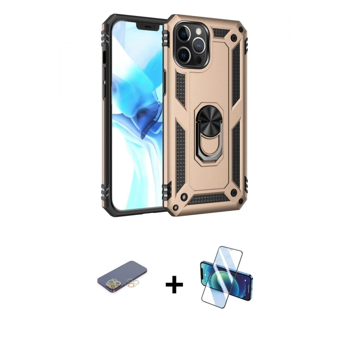 MARSİLYAN™- iPhone 12 Pro Max Kılıf Ahenk Klasik Koleksiyonu - Siyah 3D Antistatik Cam Ekran Koruyucu + Renkli Kamera Lens Koruma Cam - SI