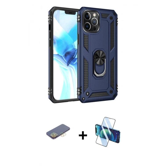 MARSİLYAN™- iPhone 12 Pro Max Kılıf Ahenk Klasik Koleksiyonu - Siyah 3D Antistatik Cam Ekran Koruyucu + Renkli Kamera Lens Koruma Cam - SI