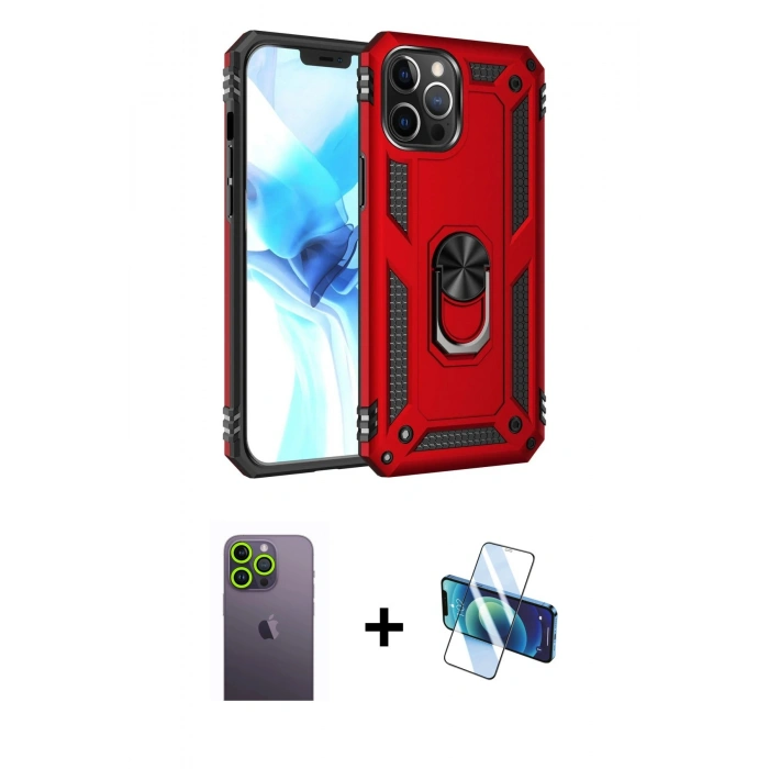 MARSİLYAN™- iPhone 12 Pro Max Kılıf Ahenk Klasik Koleksiyonu - Siyah 3D Antistatik Cam Ekran Koruyucu + Neon Fosforlu Kamera Lens - YL