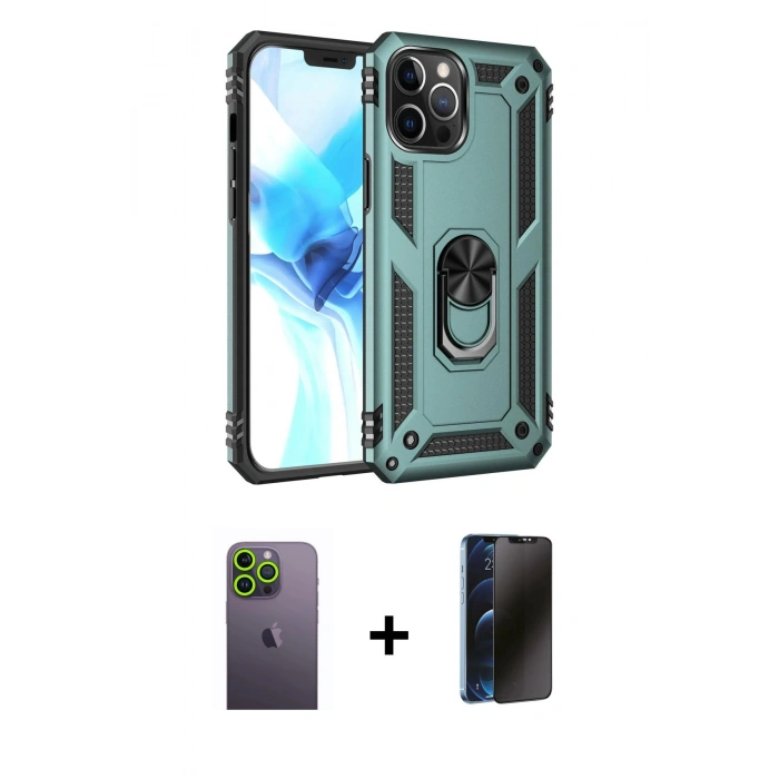 MARSİLYAN™- iPhone 12 Pro Max Kılıf Ahenk Klasik Koleksiyonu - Siyah 3D Antistatik Hayalet Cam Ekran Koruyucu + Neon Fosforlu Kamera Lens - YL