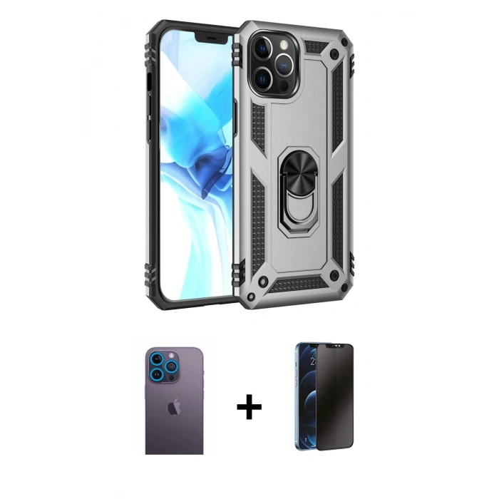 MARSİLYAN™- iPhone 12 Pro Max Kılıf Ahenk Klasik Koleksiyonu - Siyah 3D Antistatik Hayalet Cam Ekran Koruyucu + Neon Fosforlu Kamera Lens - MI