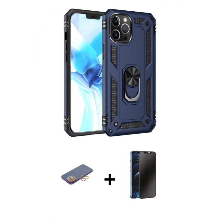 MARSİLYAN™- iPhone 12 Pro Max Kılıf Ahenk Klasik Koleksiyonu - Siyah 3D Antistatik Hayalet Cam Ekran Koruyucu + Renkli Kamera Lens Koruma Cam - TU