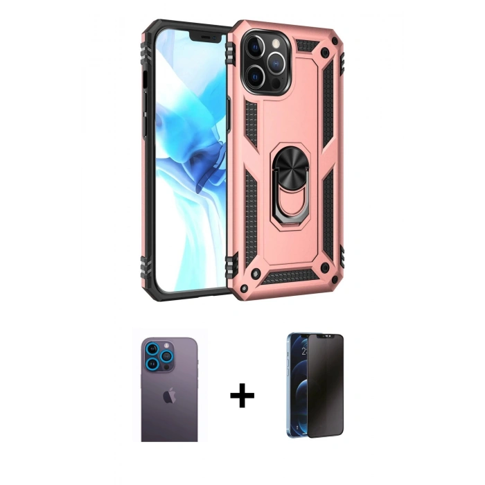 MARSİLYAN™- iPhone 12 Pro Max Kılıf Ahenk Klasik Koleksiyonu - Siyah 3D Antistatik Hayalet Cam Ekran Koruyucu + Neon Fosforlu Kamera Lens - MI