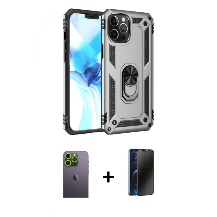 MARSİLYAN™- iPhone 12 Pro Max Kılıf Ahenk Klasik Koleksiyonu - Siyah 3D Antistatik Hayalet Cam Ekran Koruyucu + Neon Fosforlu Kamera Lens - YL