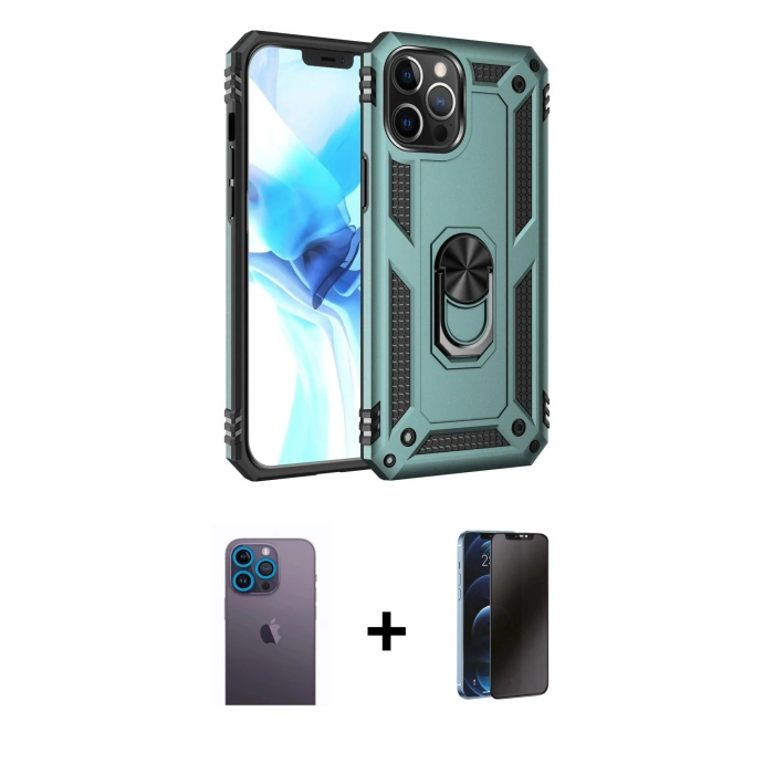 MARSİLYAN™- iPhone 12 Pro Max Kılıf Ahenk Klasik Koleksiyonu - Siyah 3D Antistatik Hayalet Cam Ekran Koruyucu + Neon Fosforlu Kamera Lens - MI