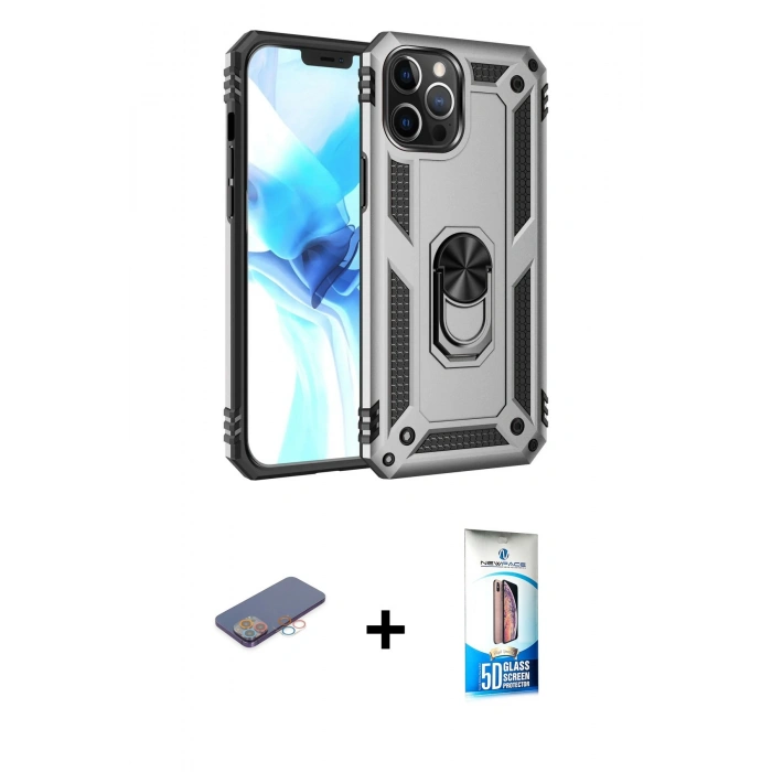 MARSİLYAN™- iPhone 12 Pro Max Kılıf Ahenk Klasik Koleksiyonu - Siyah 5D Eko Cam Ekran Koruyucu + Renkli Kamera Lens Koruma Cam - PE