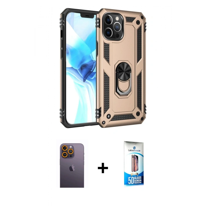 MARSİLYAN™- iPhone 12 Pro Max Kılıf Ahenk Klasik Koleksiyonu - Siyah 5D Eko Cam Ekran Koruyucu + Neon Fosforlu Kamera Lens - SI