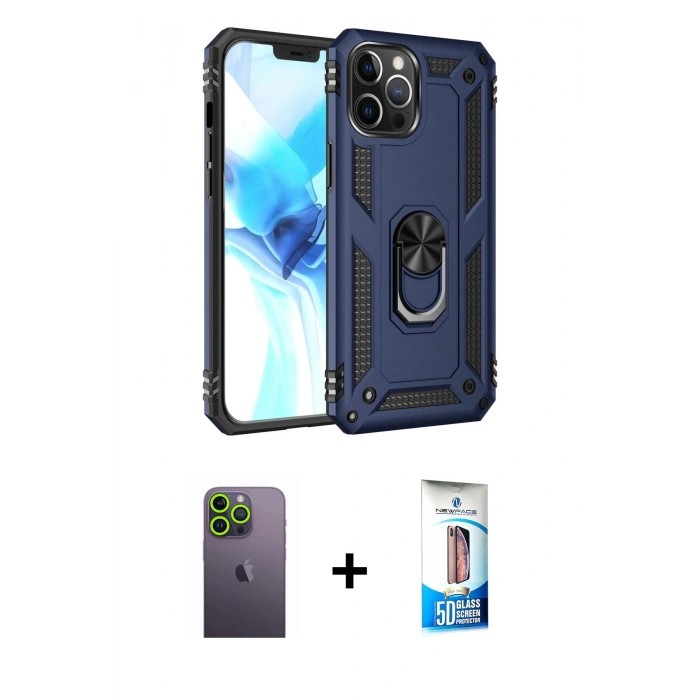 MARSİLYAN™- iPhone 12 Pro Max Kılıf Ahenk Klasik Koleksiyonu - Siyah 5D Eko Cam Ekran Koruyucu + Neon Fosforlu Kamera Lens - YL
