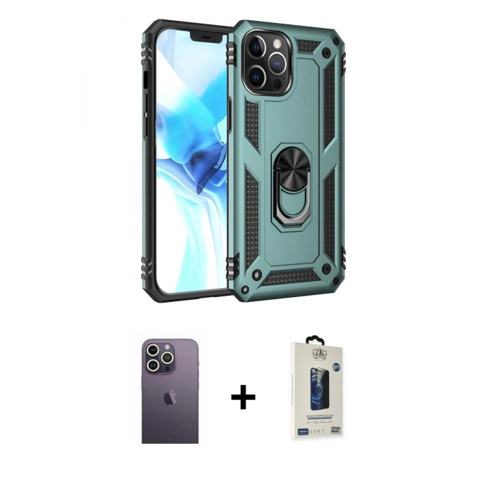 MARSİLYAN™- iPhone 12 Pro Max Kılıf Ahenk Klasik Koleksiyonu - Siyah Bilvis Hayalet Cam Ekran Koruyucu + Neon Fosforlu Kamera Lens - BZ