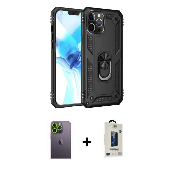 MARSİLYAN™- iPhone 12 Pro Max Kılıf Ahenk Klasik Koleksiyonu - Siyah Bilvis Hayalet Cam Ekran Koruyucu + Neon Fosforlu Kamera Lens - YL